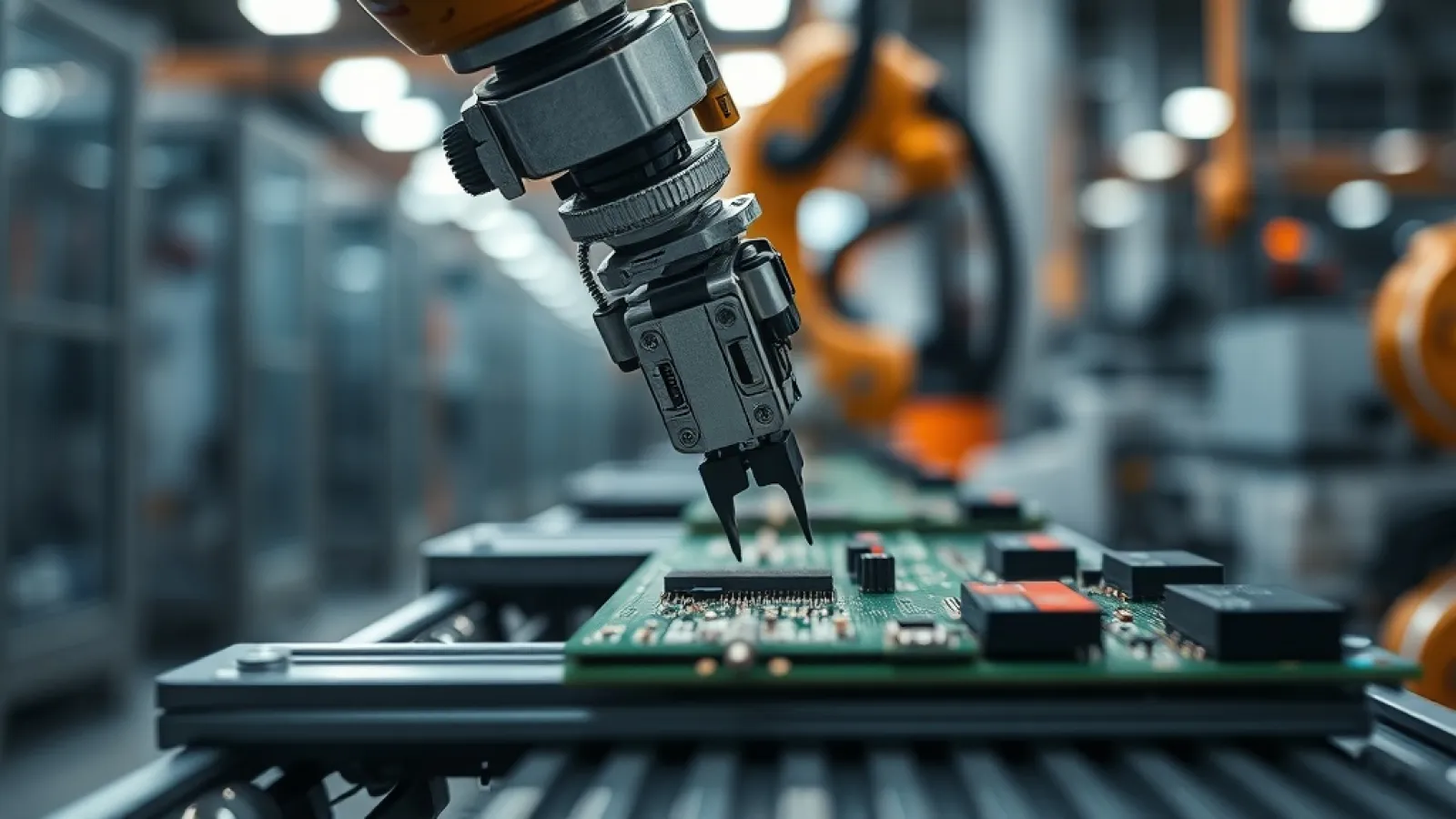 Endüstriyel robot kollarının çalışırken fiziksel görevleri yerine getirdiği, fabrika ortamında otomasyonu gösteren bir sahne.