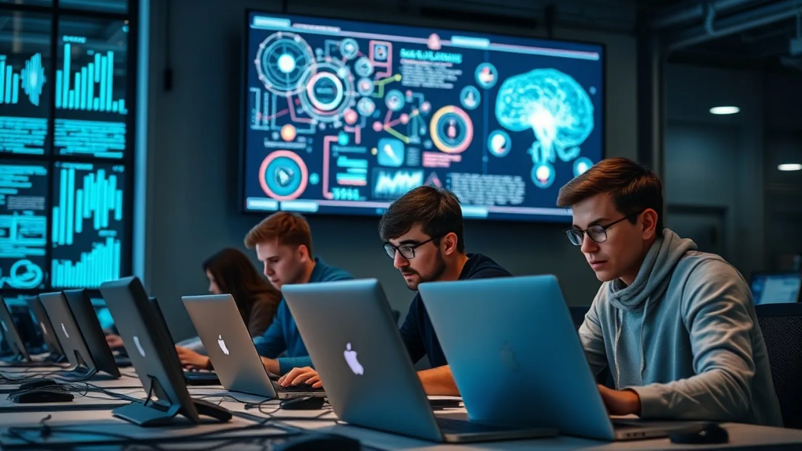 ROKETSAN'ın yapay zeka hackathonu etkinliğinin logosunun ve katılımcıların bilgisayar başında kod yazarken çalışmasının göste