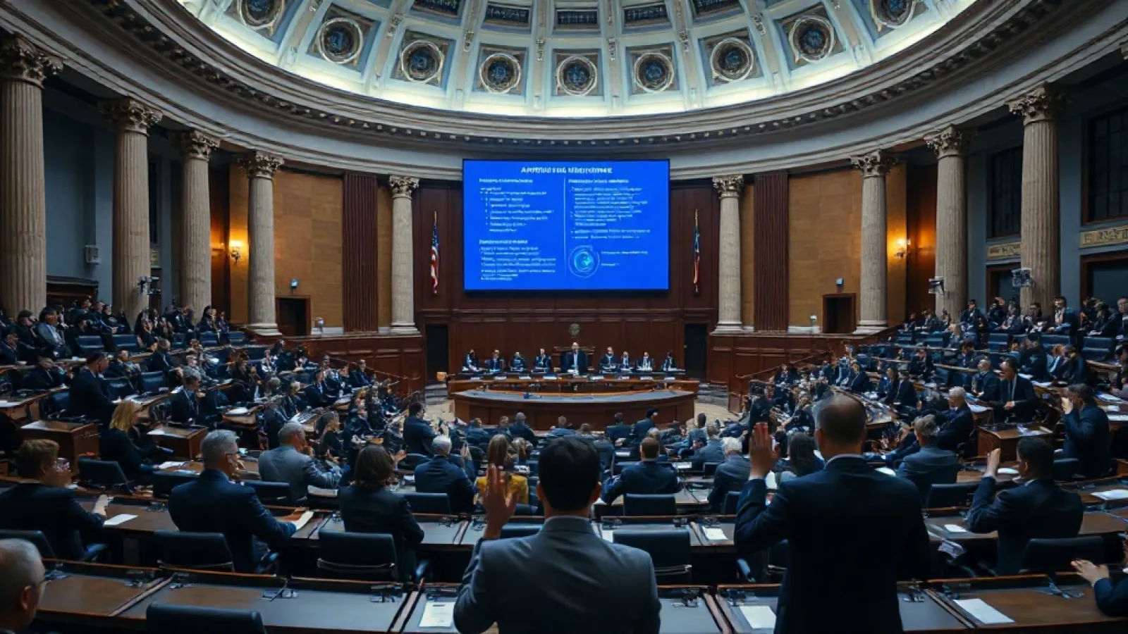 Rusya'nın geleneksel değerlere uygun yapay zeka düzenlemesini gösteren resmi bir yasama oturumu veya hükümet binası görüntüsü