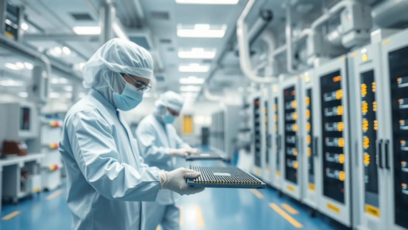 Samsung fabrikasında NAND flash bellek çiplerinin üretim ve kalite kontrol sürecini gösteren endüstriyel fotoğraf.