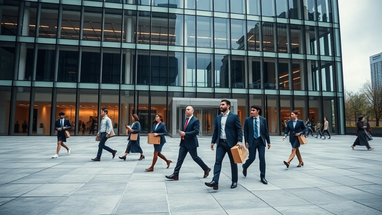 ServiceNow ofisinde masalarının başında oturan çalışanların işten çıkarılma bildirimi alırken düşünceli ve endişeli ifadeleri