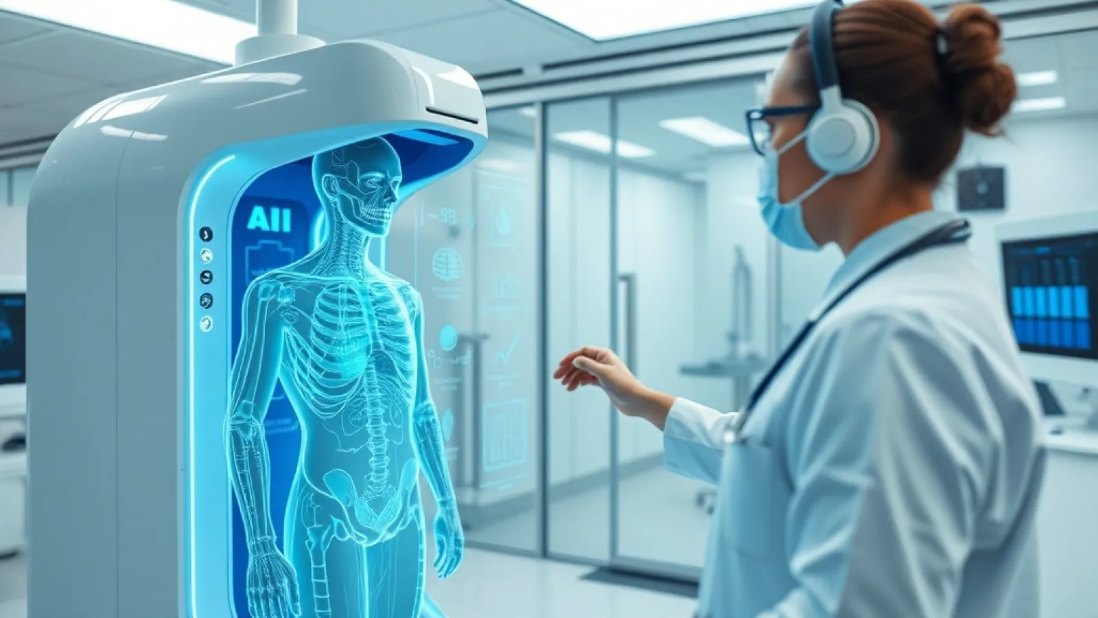 Yapay zeka teknolojisiyle donatılmış modern bir sağlık kliniğinde hastanın vücudunun tarandığı ve analiz edildiği görsel.