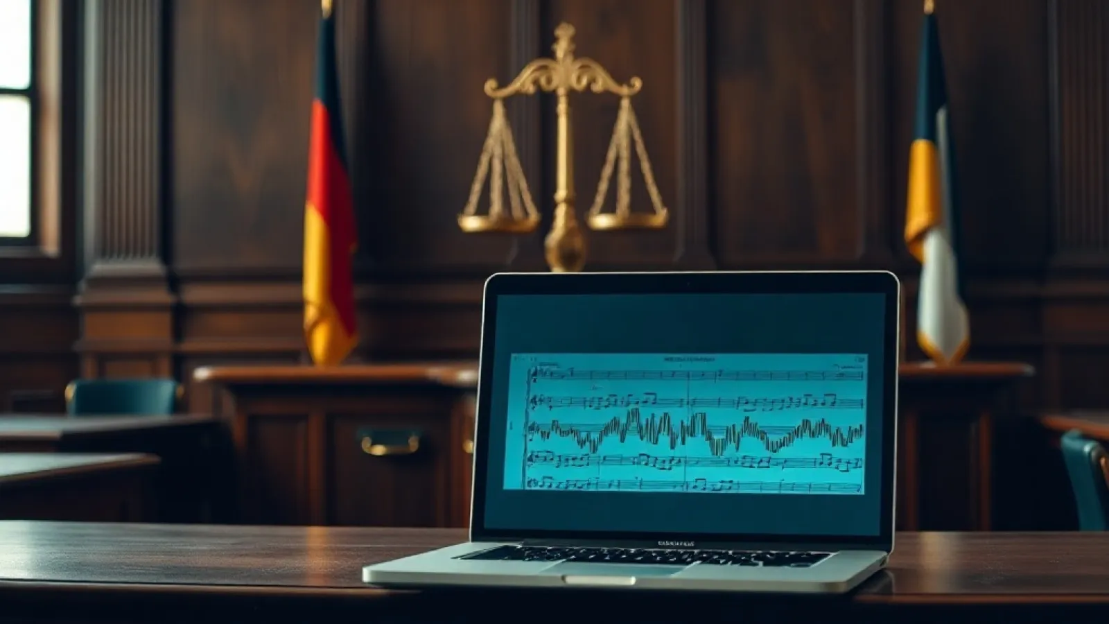Alman mahkemesinin kararını simgeleyen hukuk sembolü (çekiç, terazi) ile yapay zekâ müzik platformu Suno'nun logosunun yan ya