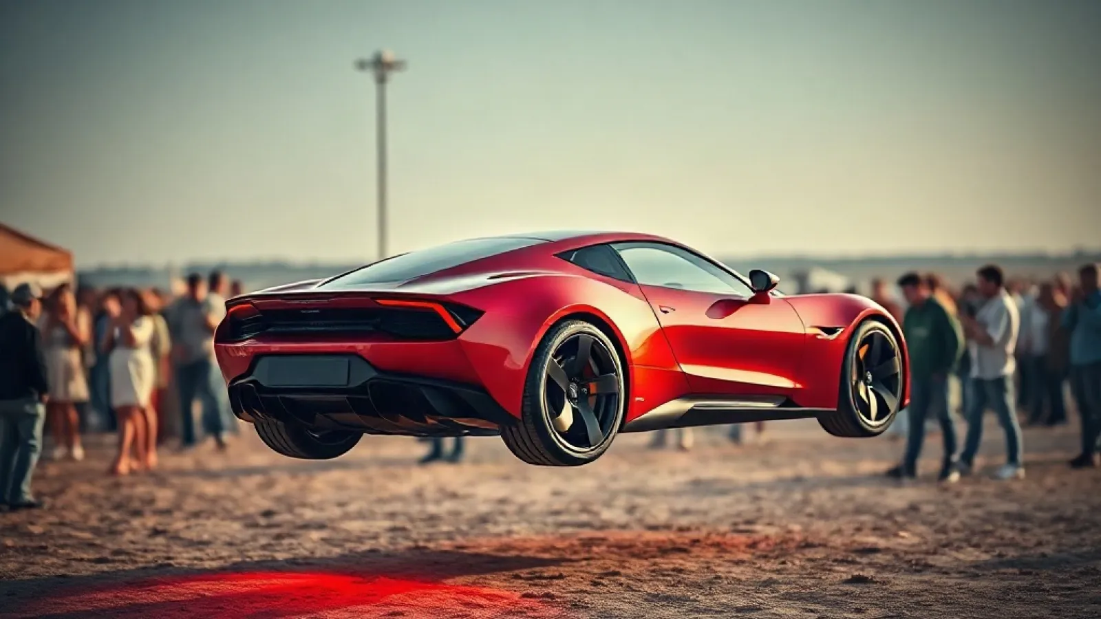 Uçan Tesla Roadster'ın hava uçuşu sırasında gökyüzünde süzülüş anını gösteren dinamik görsel.
