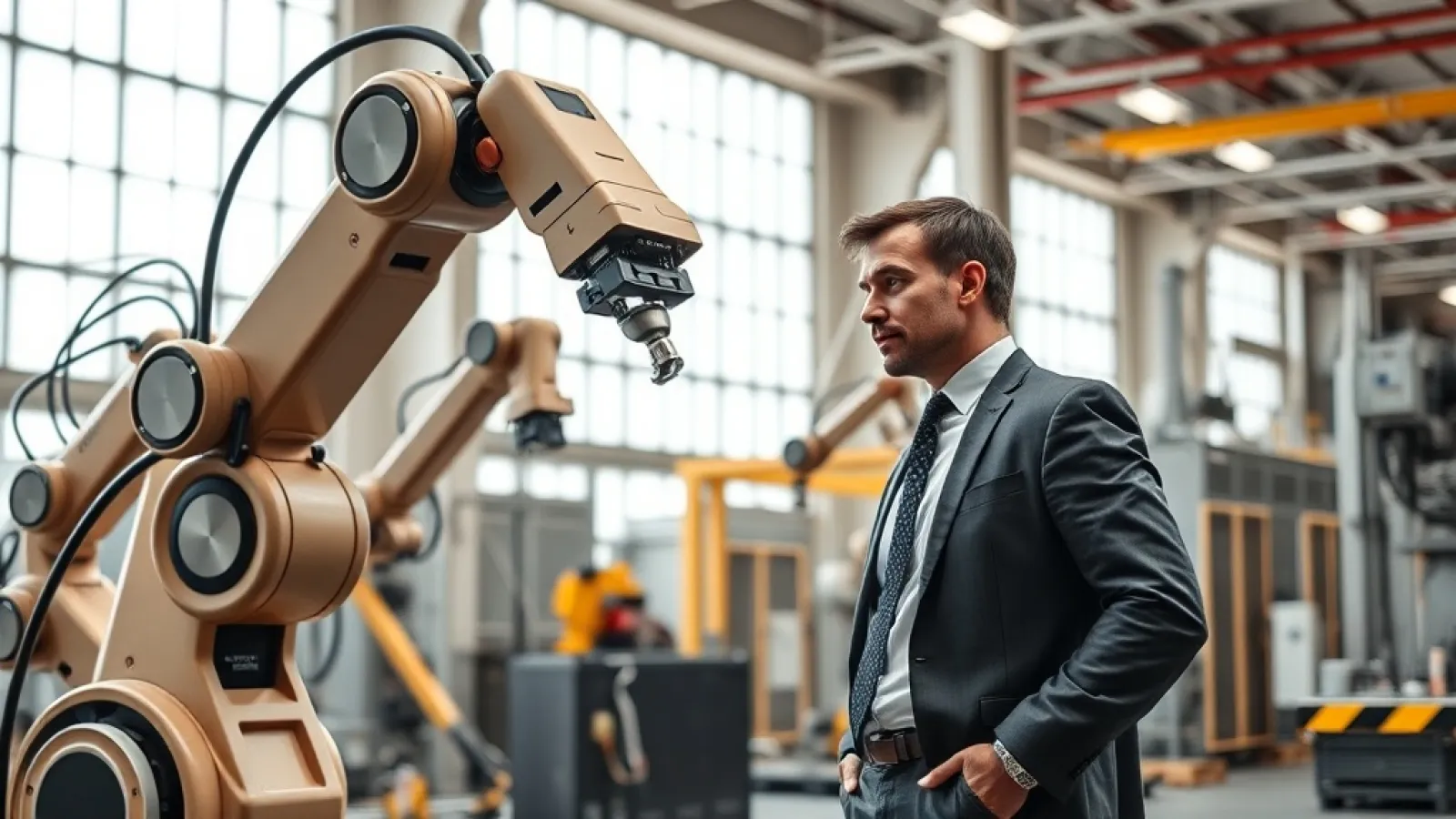 Robots ve insanlar yan yana çalışırken bir fabrika veya depo ortamında, modern otomasyon teknolojisini simgeleyen görsel.