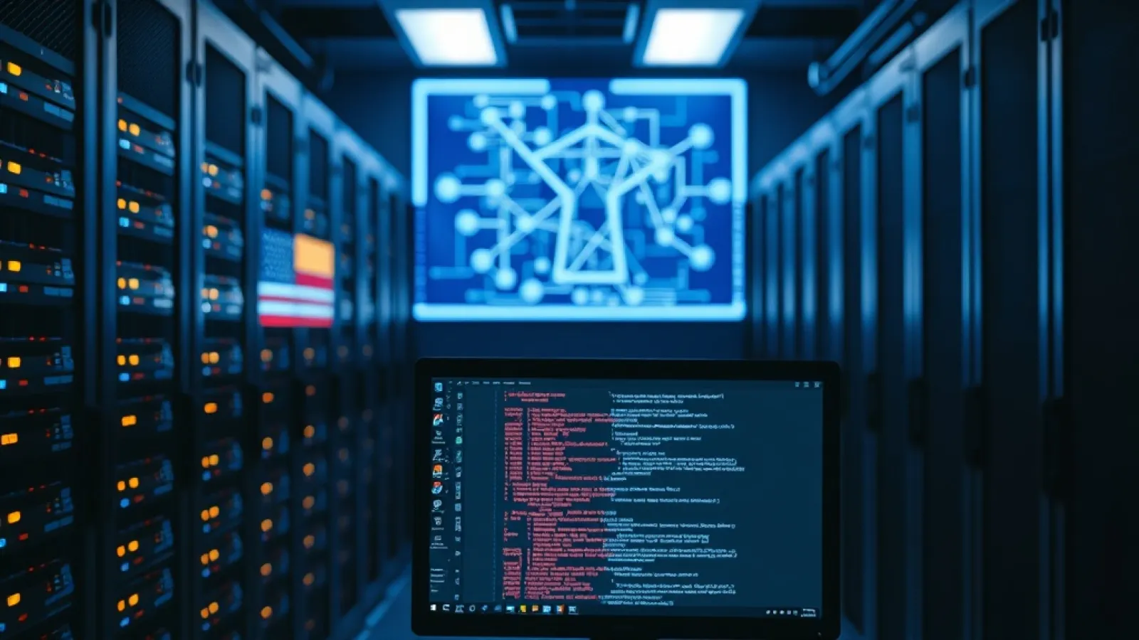 Açık kaynaklı yapay zeka modellerinin geliştirildiği laboratuvar ortamında çalışan mühendisler ve bilgisayarlar.