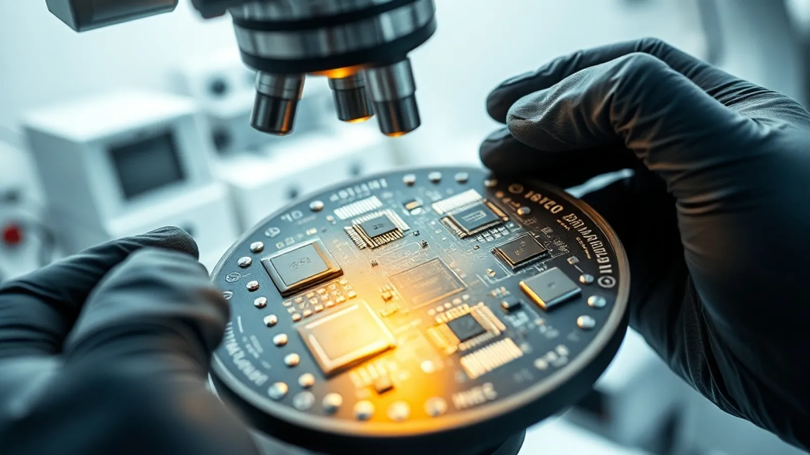 TSMC ve Intel logoları yanında, ileri teknoloji ve yapay zeka simgeleriyle birlikte modern çip paketleme teknolojisinin şemat