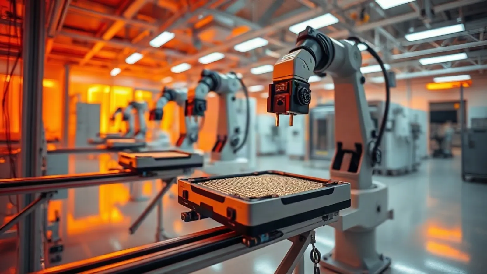 TSMC'nin fabrikalarında çalışan işçiler ve üretim hatları, ekranlarda artan kâr rakamlarıyla birlikte gösterilir.