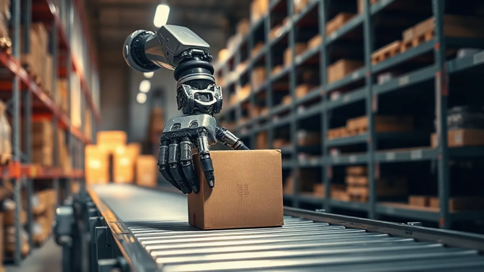 Brooklyn merkezli bir depo ortamında paketleme görevini gerçekleştiren insansı robotların çalışma sahnesi.