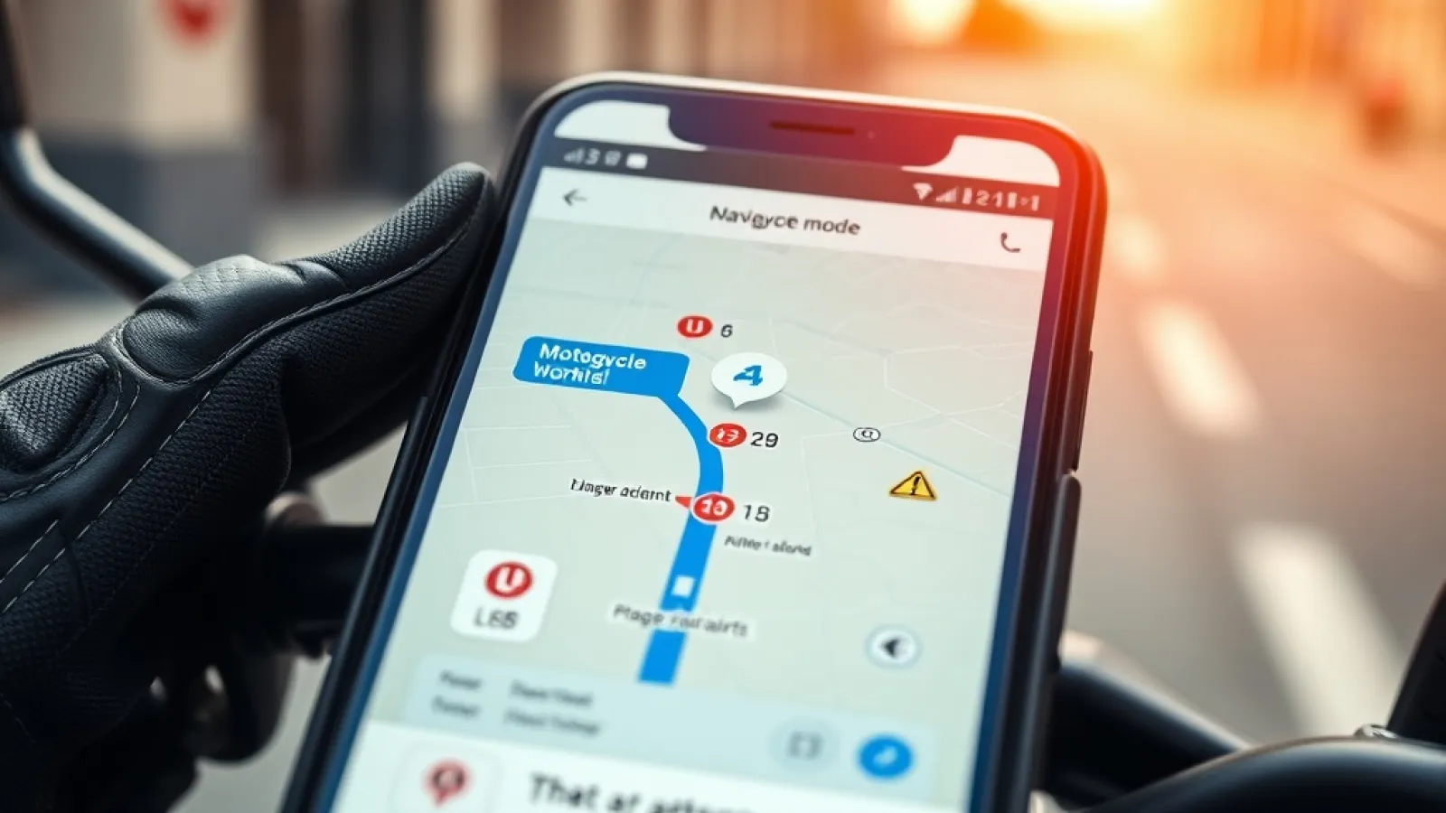 Waze uygulamasının yeni özelliklerini gösteren arayüz ekranları, motosiklet modu seçeneği ve yapay zeka destekli sesli yönlen