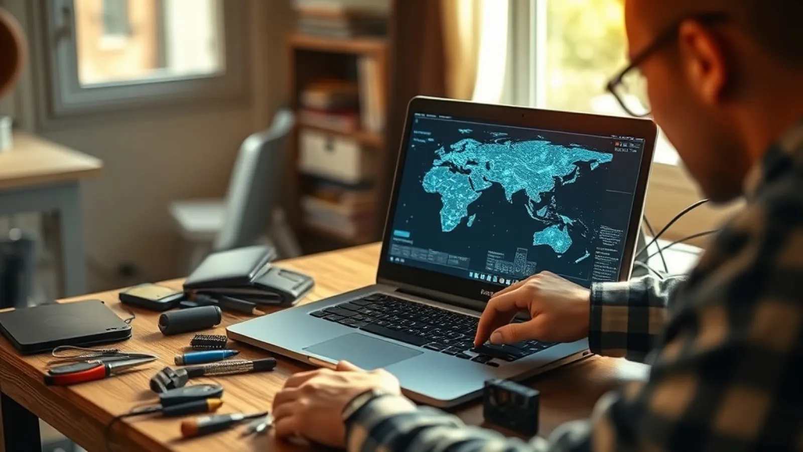Bilgisayar ekranında yapay zeka arayüzü ve müşteri hizmetleri temsiliyeti gösteren modern ofis ortamı.
