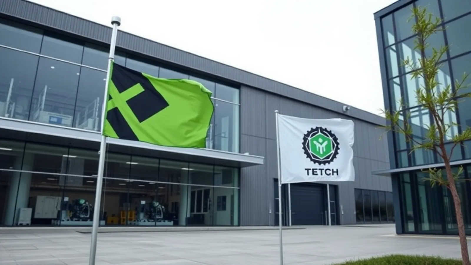 Wistron'un modern fabrika binası ve AI sunucusu üretim hatlarının gösterildiği Fort Worth tesisinin dış görünüşü.
