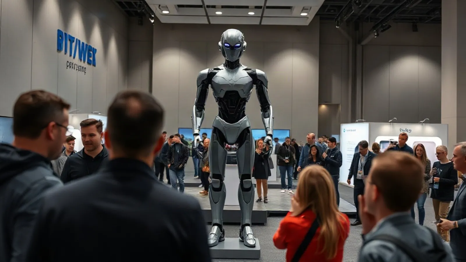Xpeng'in insansı robotları veya endüstriyel robotlarının geliştirilmesini gösteren teknoloji odaklı bir görsel.