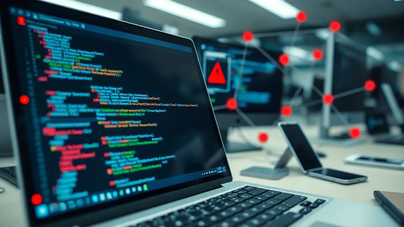Bilgisayar ekranında kötü amaçlı kod yazıp botnet ağına bağlanan yapay zeka aracının görsel temsili.